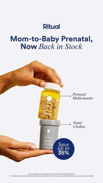 A clean, studio-lit ad displaying a prenatal multivitamin and natal choline supplement stacked in hand, highlighting a 'Save up to 35%' offer.